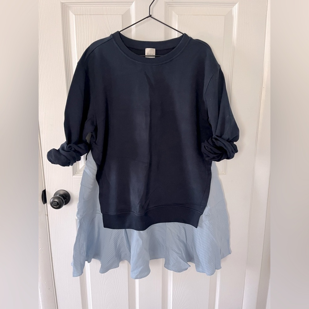 Anthropologie Navy Sweatshirt Dress with Light Blue Ruffle Hem